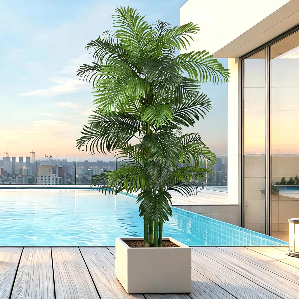 8FT Artificial Palm Tree, Tall Faux Tropical Floor Plant Indoor with Realistic Palm Leaves Fake Areca Trees with Pot