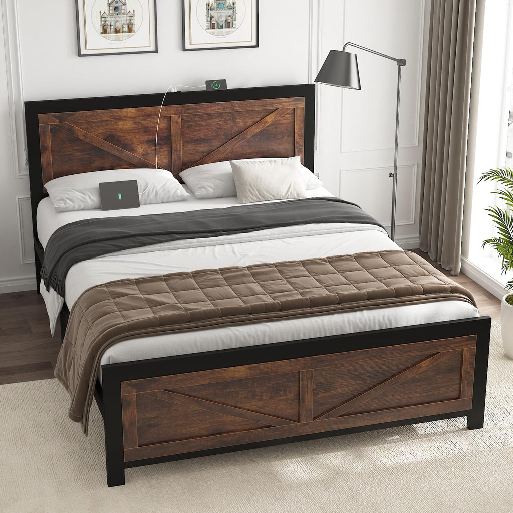 Led Bed Frame with USB Charging Station, Industrial Platform Bed Frame with Farmhouse Barn Door Headboard