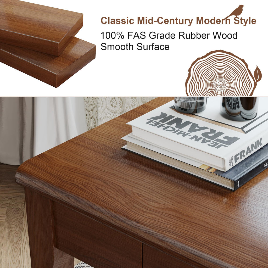 Solid Wooden Desk with Drawers - 32 x 16 Inch Narrow Desks, Rubberwood Mid Century Modern Desks, Small Writing Desk