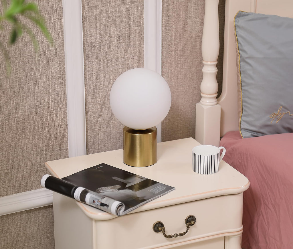 11 Inch Modern Mid Century Gold Globe Table Lamp, Round Bedside Nightstand Lamp with White Glass Shade Metal Base