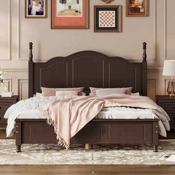 Vintage Queen Wood Bed Frame, Traditional Solid Wood Platform Bed with Retro Style Headboard, Traditional Town Style