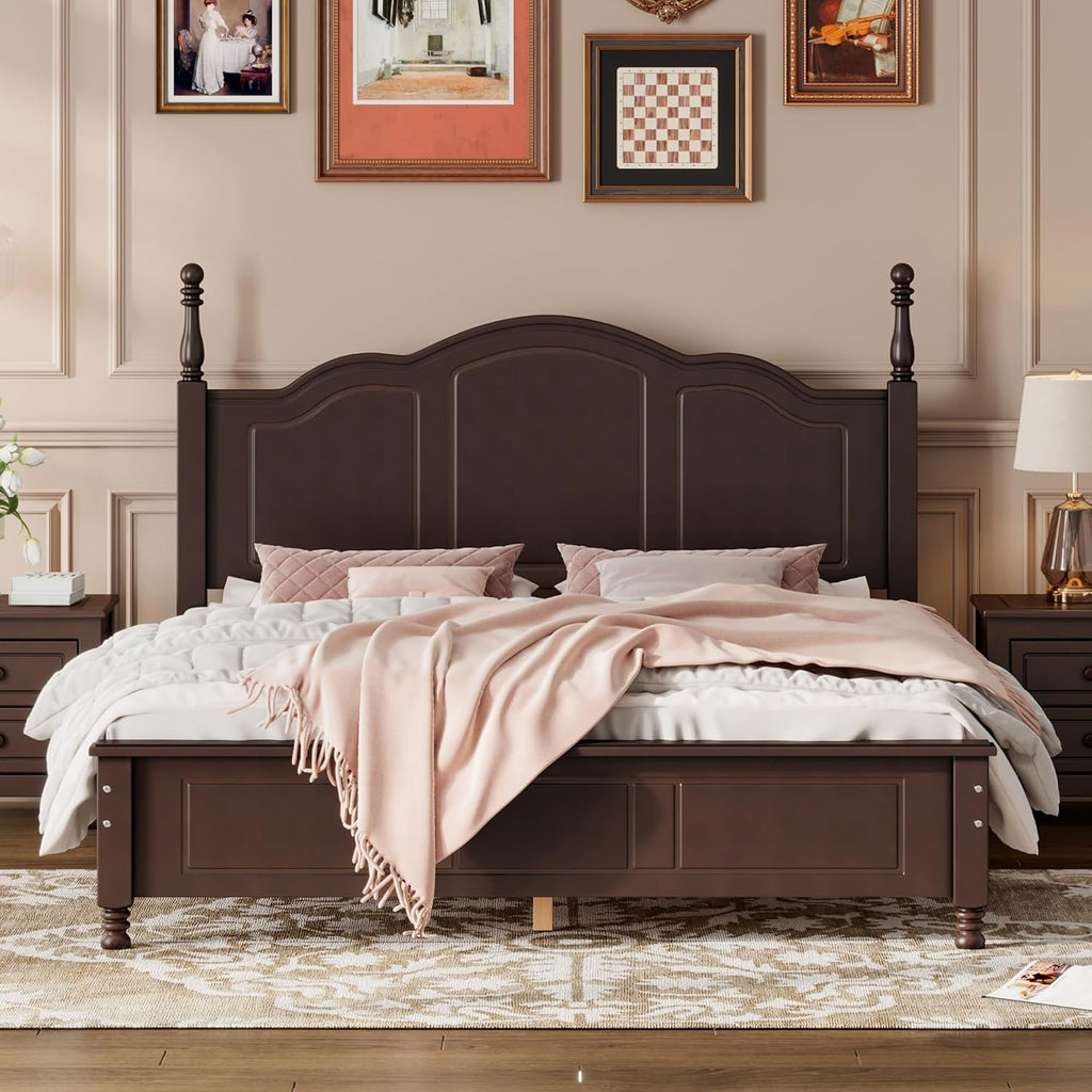 Dark Walnut Wood Bed Frame Queen Size with Wave Shaped Headboard