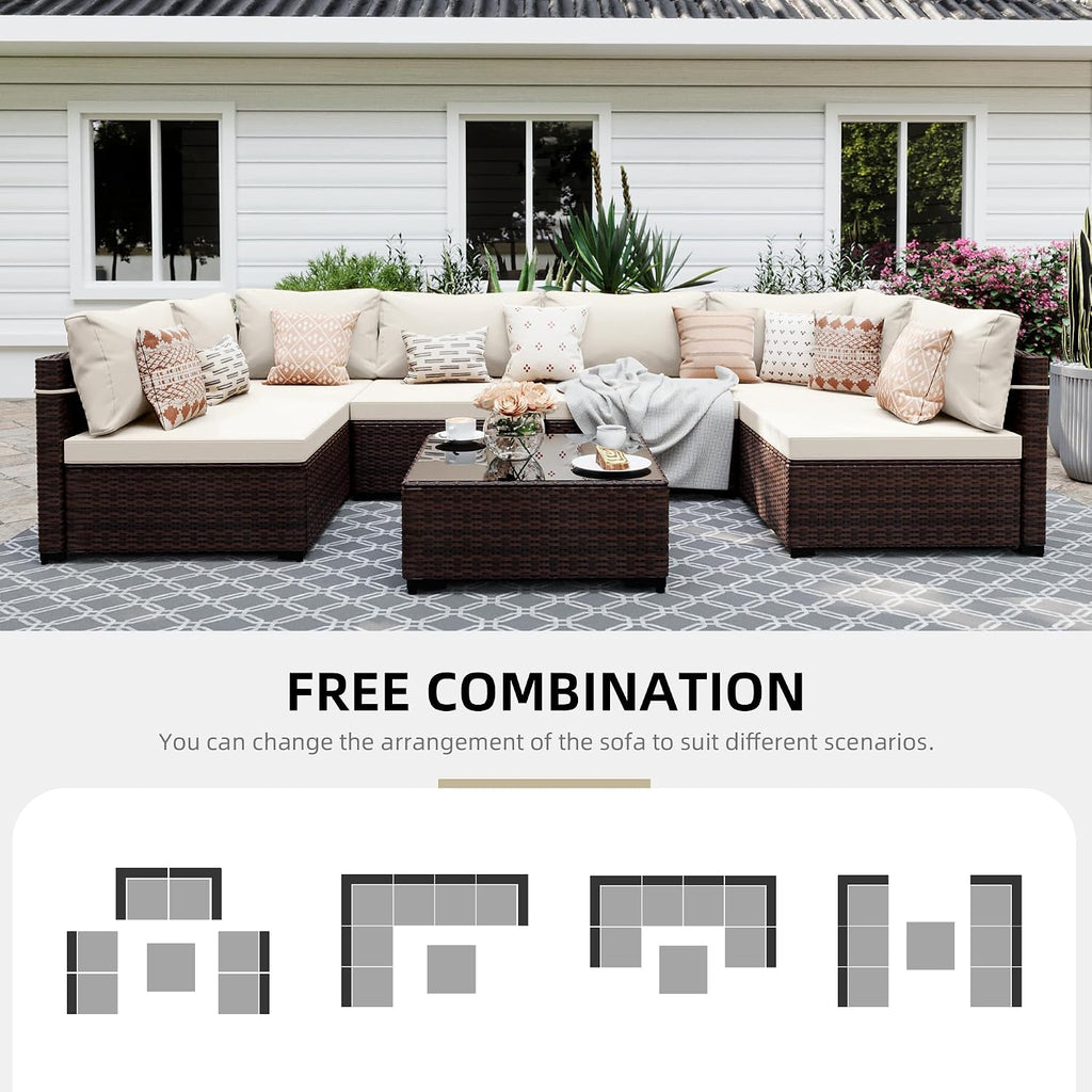7-Piece Wicker Patio Furniture Set with Coffee Table, White | Outdoor sectional sofa set, patio conversation set for