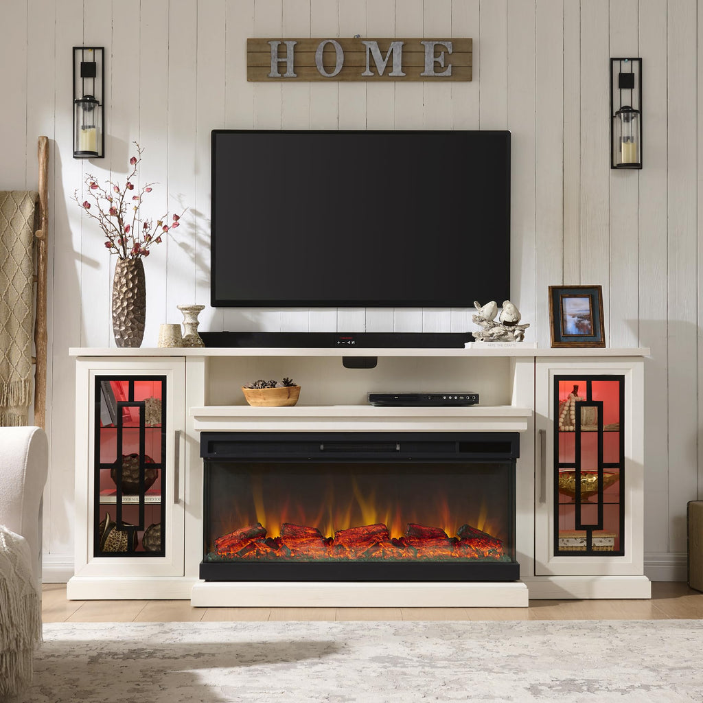 75 Inch Electric Fireplace TV Stand, 3- Side Glass LED Modern Media Entertainment Center Console Table for TVs up to