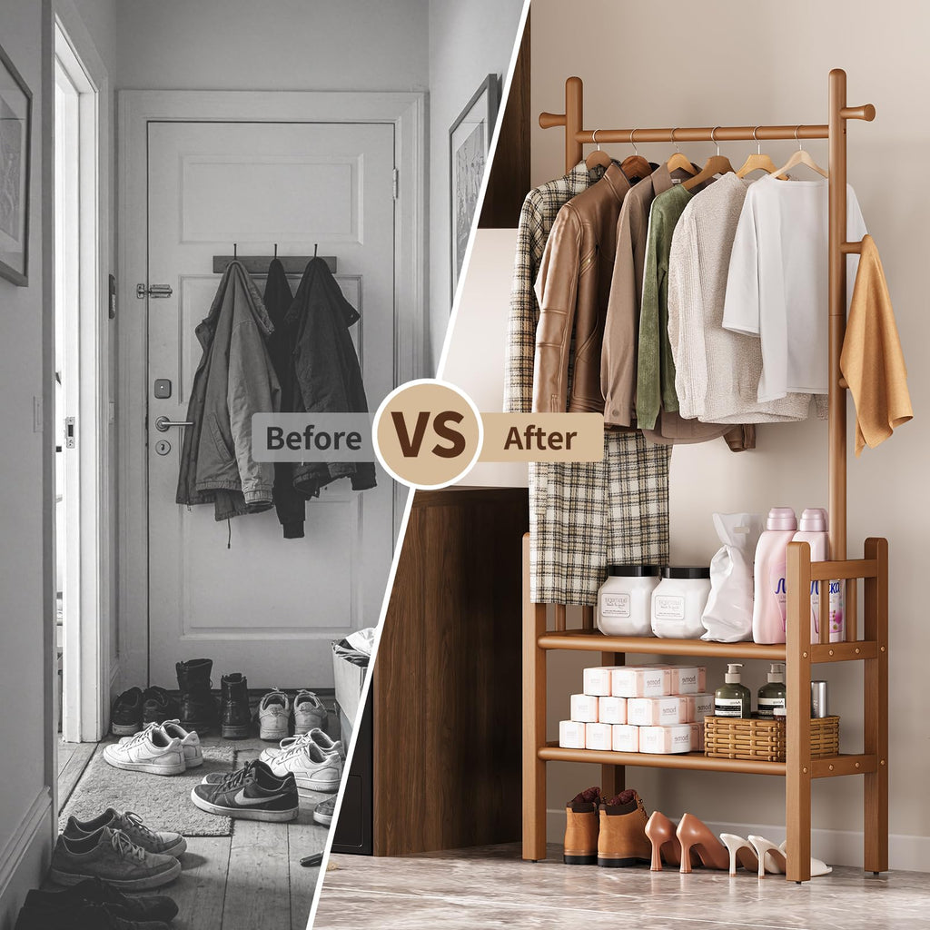 Solid Wood Clothing Rack with Shelves - Coat Rack Freestanding with 6 Hooks, 3-in-1 Hall Tree for Hanging Clothes