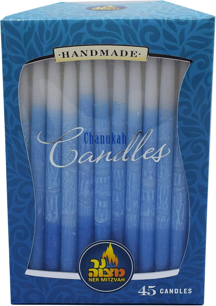 Dripless Chanukah Candles, Decorated Ombre Blue & White Hanukkah Candles Fits Most Menorahs, Premium Quality Wax - Set of 45