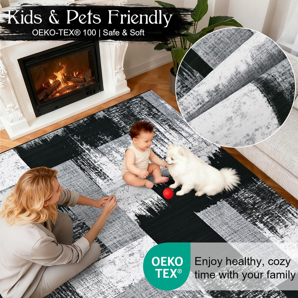 Modern Geometric Rug, Patchwork Grey Rugs Washable Abstract Area Rug Non Slip, Soft Bedroom Rugs Stain Resistant