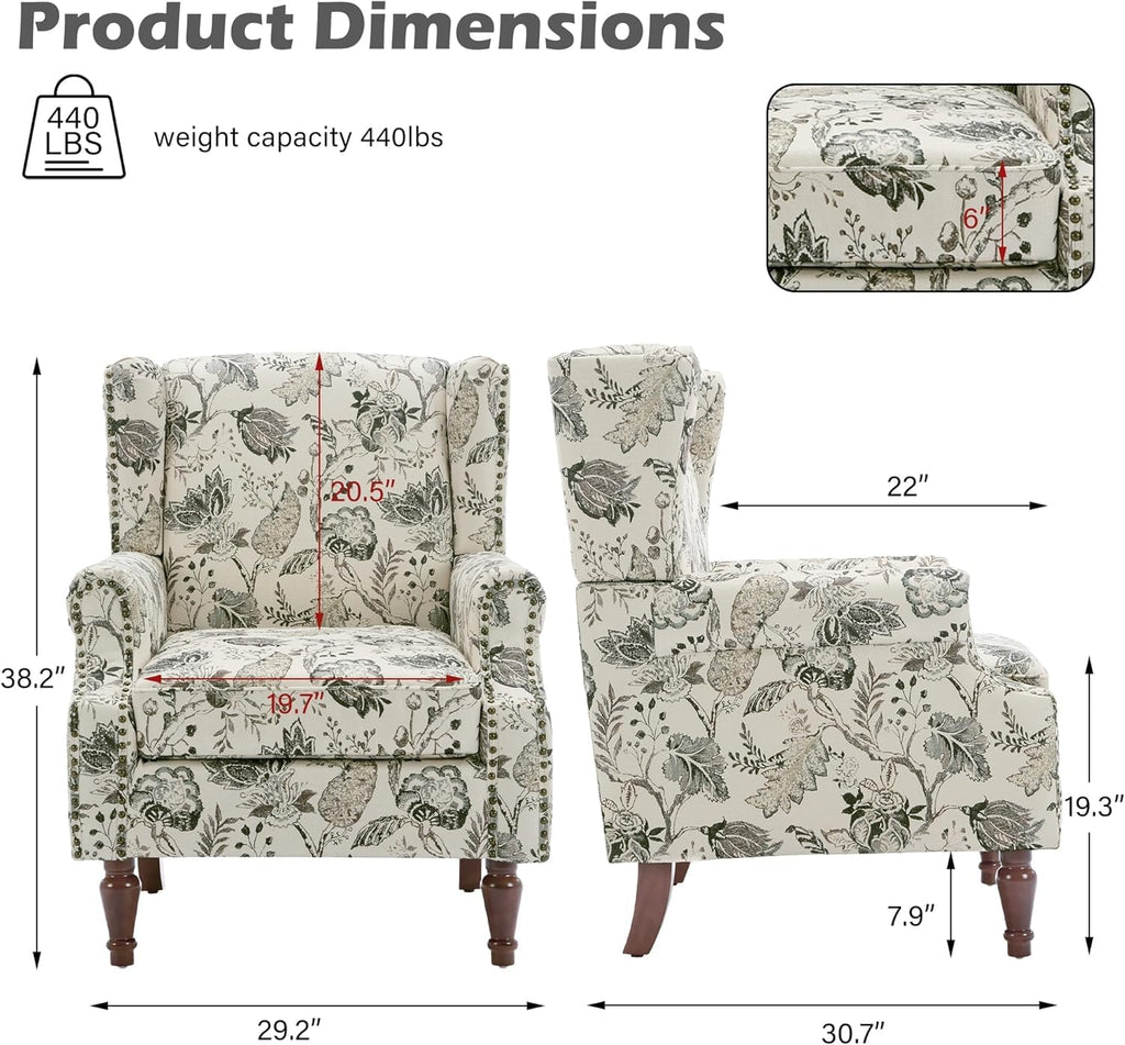 Floral High Back Accent Chairs Set of 2, Wingback Armchair in Fabric | Printed Upholstered Reading Seat with
