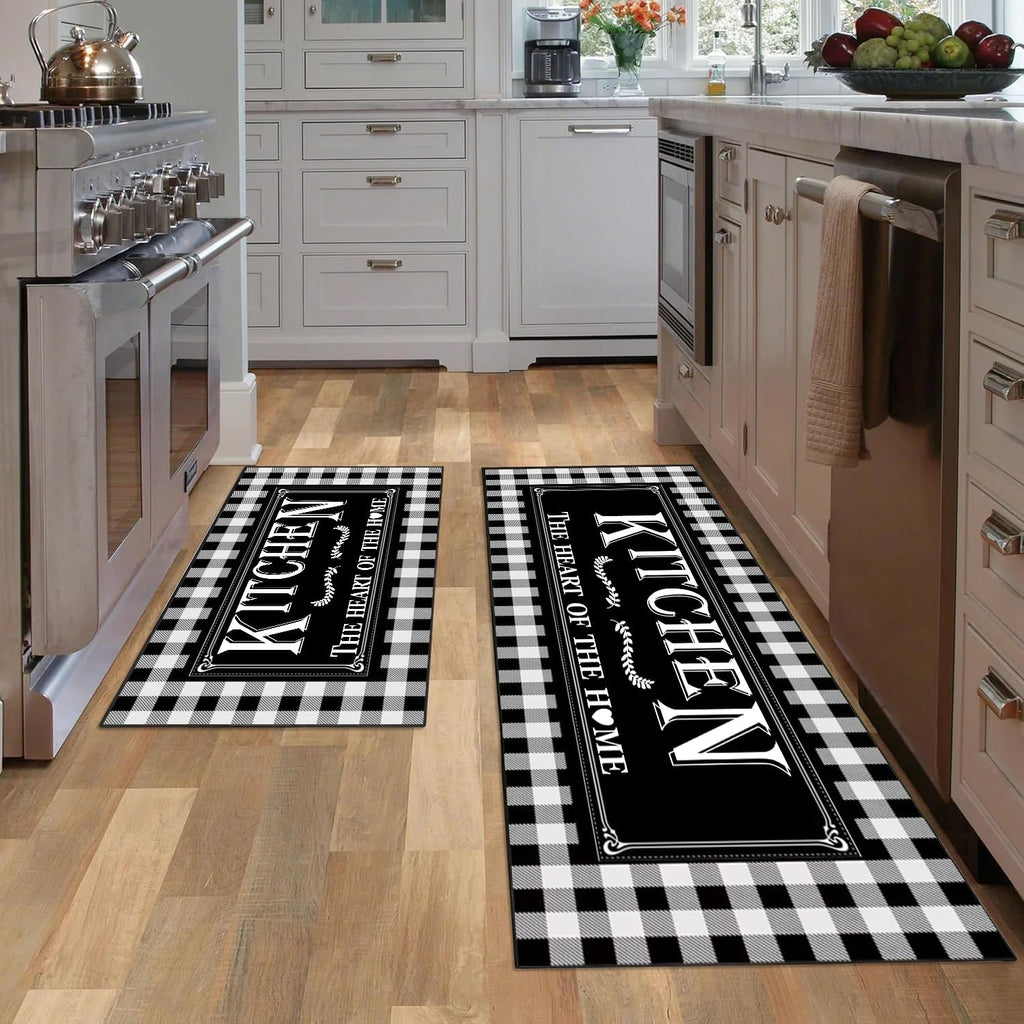Black and White Buffalo Plaid Kitchen Rug Set of 2, Farmhouse Style Kitchen Floor Mats, Absorbent Checkered Kitchen
