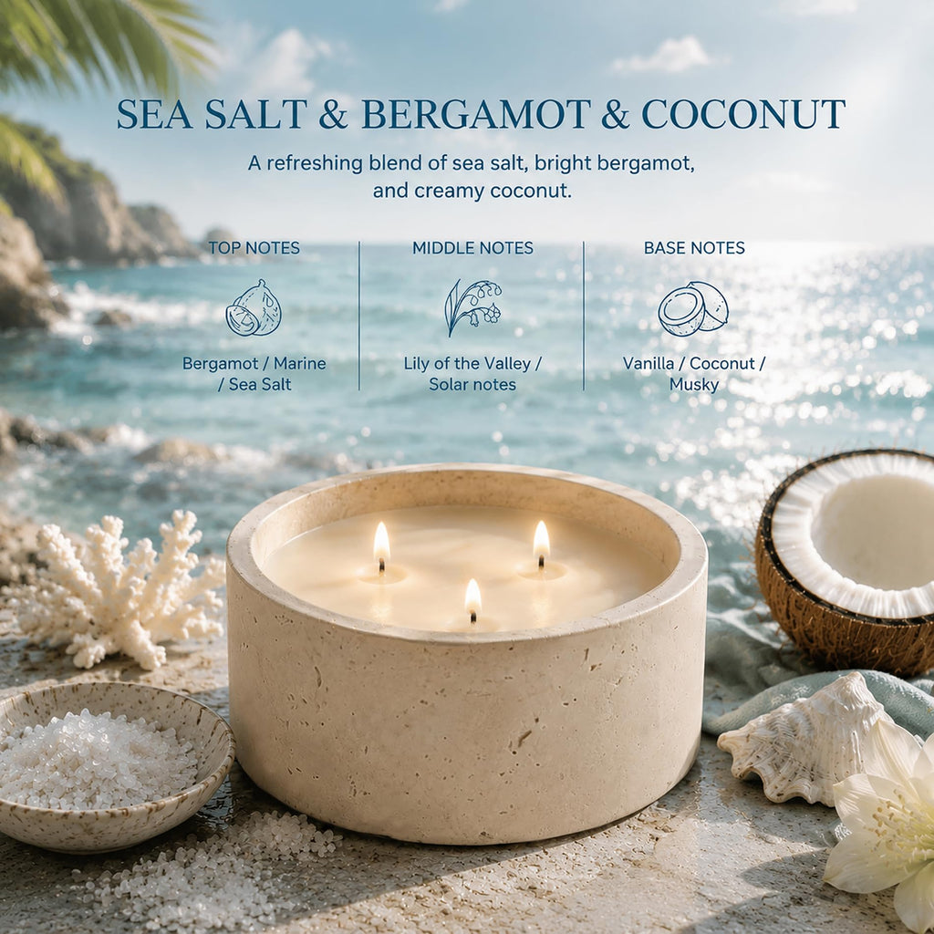 3-Wick 21oz Large Scented Candle-Sea Salt & Bergamot & Coconut, Soy Coconut Wax Blend Candle with Acacia Wood
