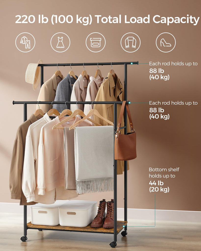 Clothes Rack with Wheels, Steel Garment Rack with Shelf