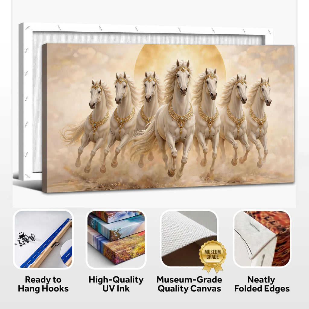 Seven Lucky Running Wild Horses Canvas Wall Art Decor, Gold and Cream White Horse Picture Painting, Framed Artwork &