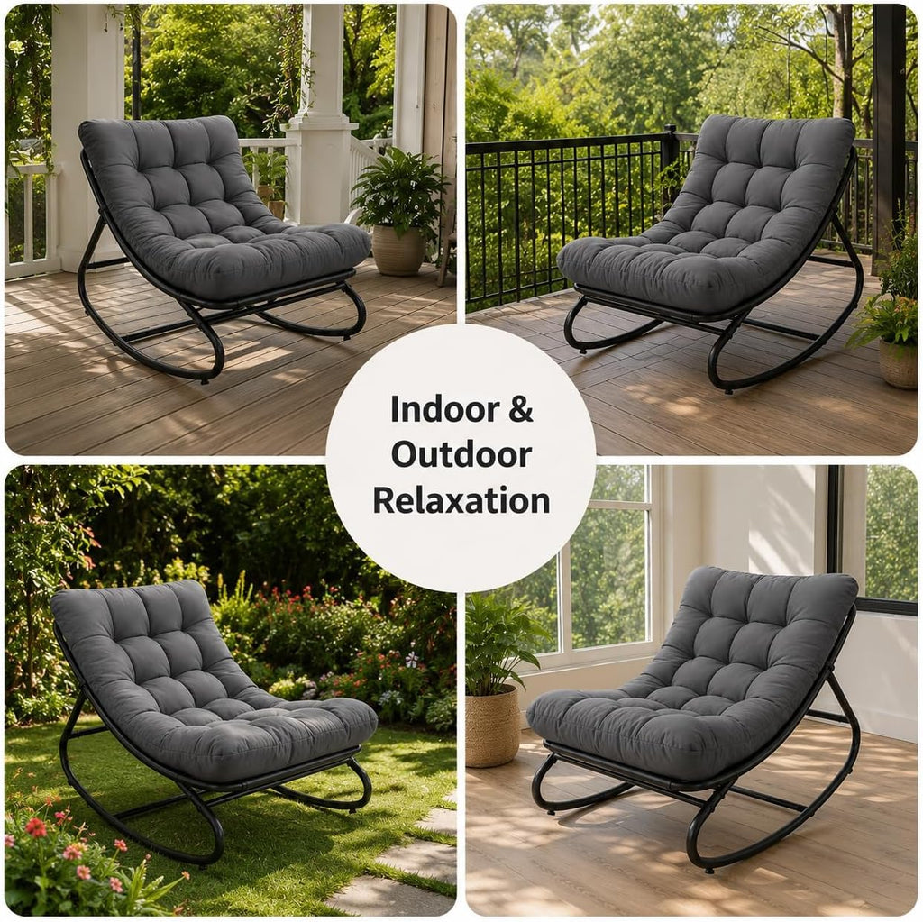 Outdoor Papasan Rocking Chair with Thick Cushion, 450 lb Capacity | Curved lounge profile, neutral gray finish and