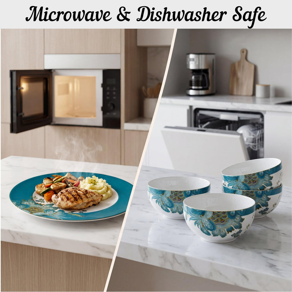 16-Piece Porcelain Dinnerware Set for 4, Elegant Floral Plates and Bowls Sets-White, Teal, Gold Ceramic Dishes, Chip