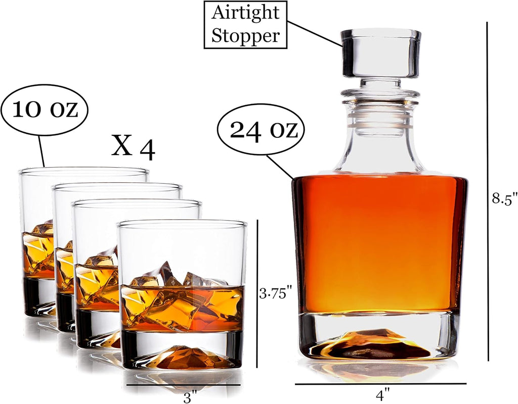 Whiskey Decanter Glasses Gift Set - 4 Whiskey Glasses - Airtight Stopper for Wine, Bourbon, Brandy, Juice, Water - Set of 5