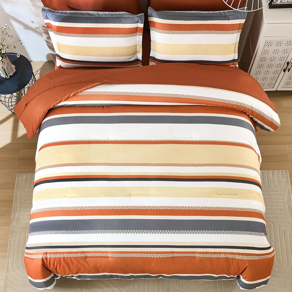Queen Comforter Set, 7 Pieces Bed in a Bag Orange Queen Bed Set, Soft Boho Striped Bedding Sets with Sheets