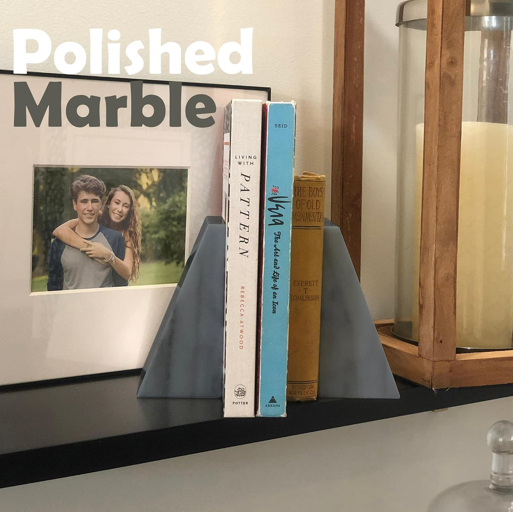 100% Natural Polished Marble Bookends, Grey, Set of 2, Triangular Heavy Bookends