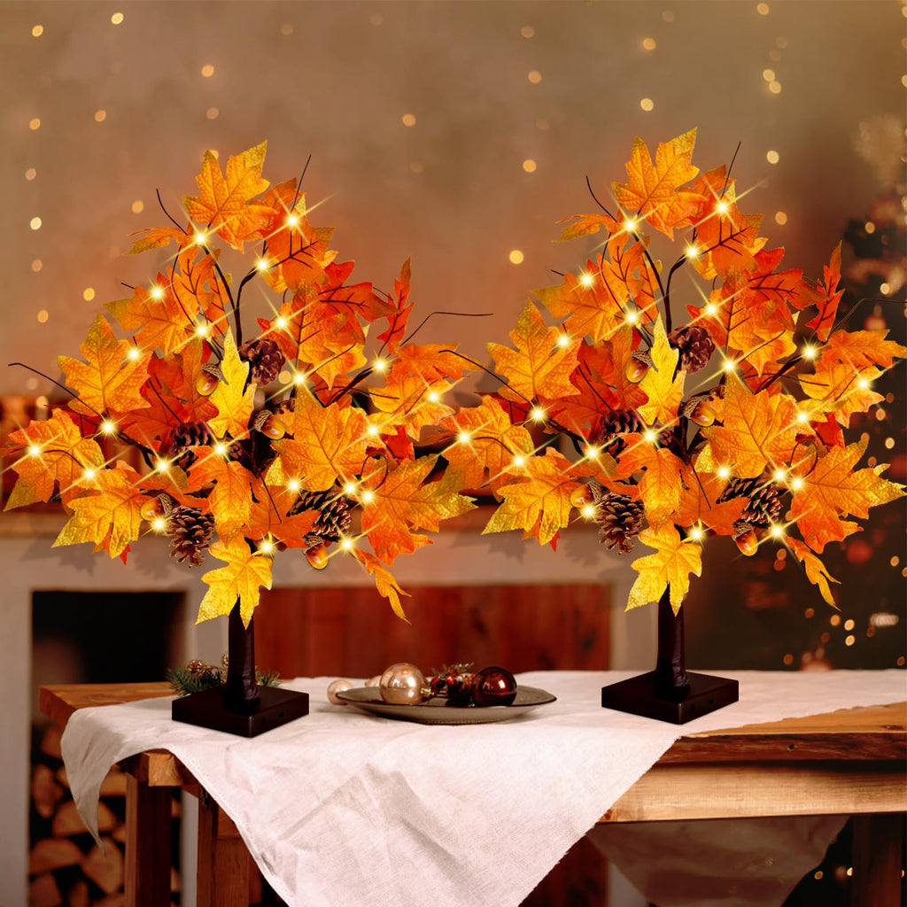 2 Pcs 24 Inch Artificial Fall Tree Lighted Maple Tree Battery USB Operated w/Timer, 24 LED Thanksgiving Decorations