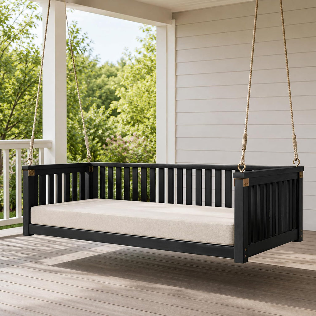 Outdoor Porch Swing Bed, Twin Size Acacia Wood Daybed (Black) | Acacia Wood Frame, Hemp Ropes, Fits Twin Mattress