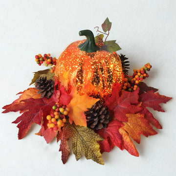 Lighted Pumpkin Fall Decor - LED Thanksgiving Decoration with Faux Maple Leaves, Berries, and Pinecones, Autumn