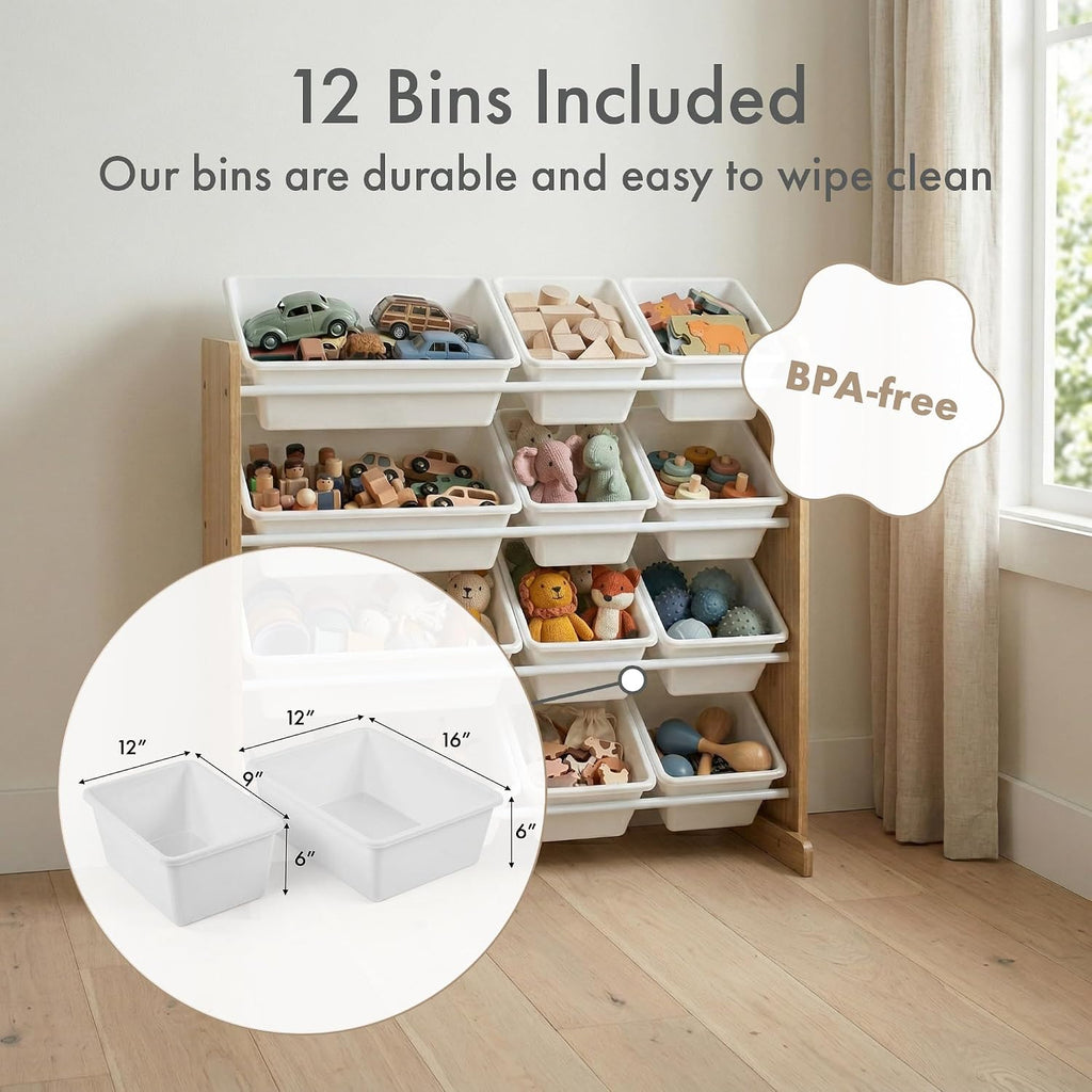 Kids Toy Organizer with 12 Bins, 4 Tier Storage | Sturdy wood and steel toddler shelf, removable BPA-free containers