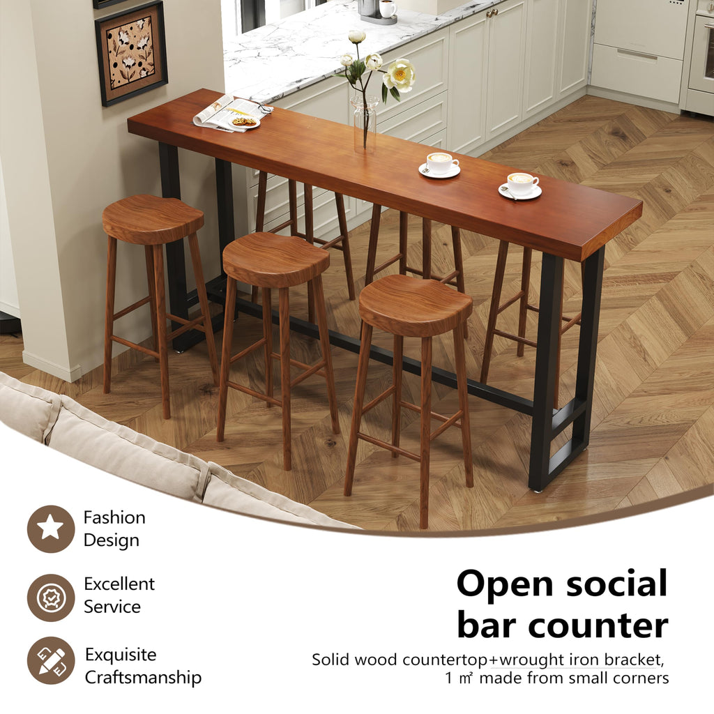 55in Dark Brown Solid Wood Bar Height Pub Table - Built-in Footrest, Solid Wood Top & Sturdy Metal Legs | Counter