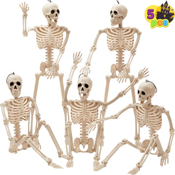 Posable Halloween Skeleton Decor 16 Inches, Full Body Posable Joints Hanging Skeletons for Halloween - Set of 5