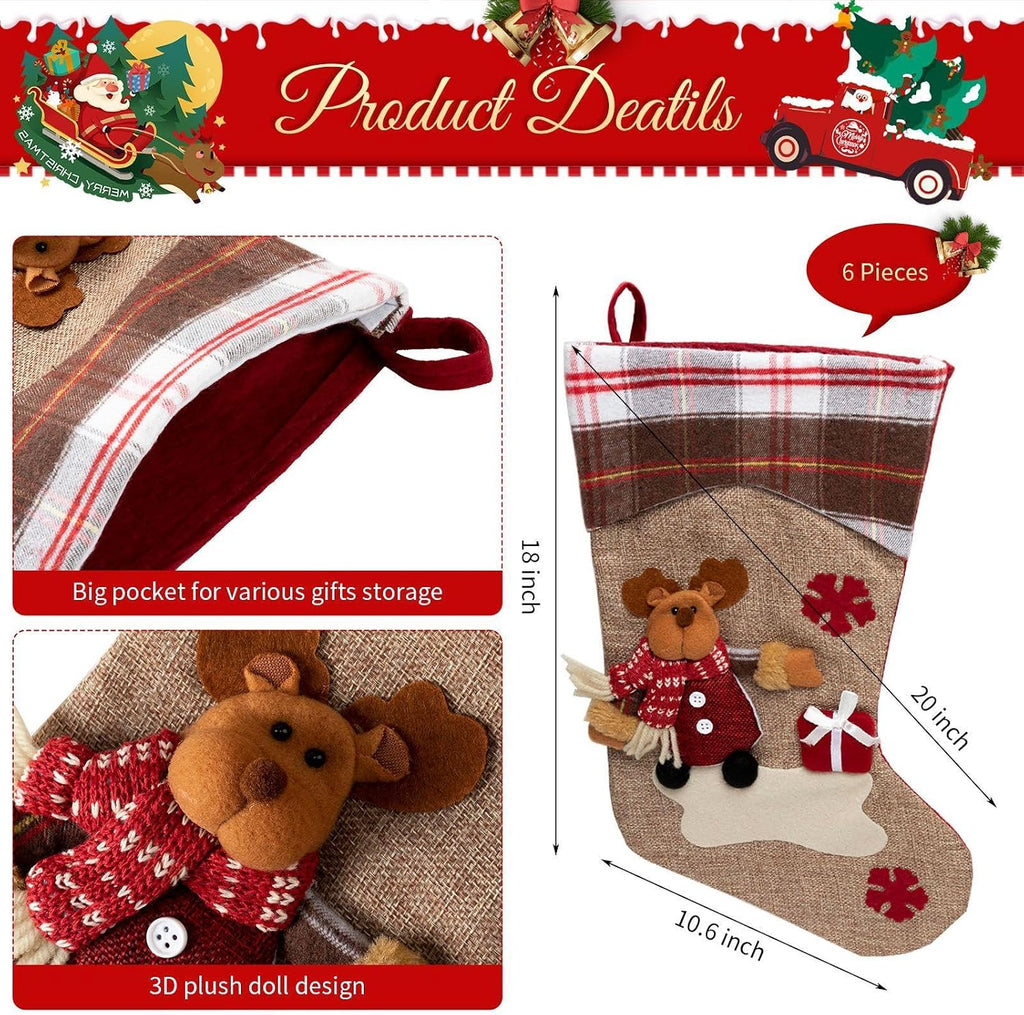 Vintage Christmas Stocking 6 Pack 18 Inches with 6 Pieces Zinc Alloy Stocking Holders Fireplace Adjustable Holders