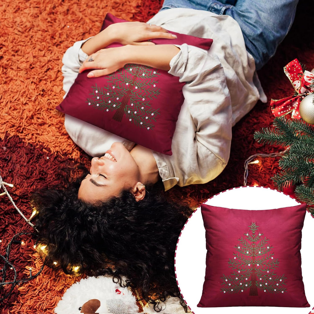 Burgundy Christmas Decoration Pillow Covers 18 X18 Inch Christmas Tree Decorative Red Velvet Embroidery - Set of 2