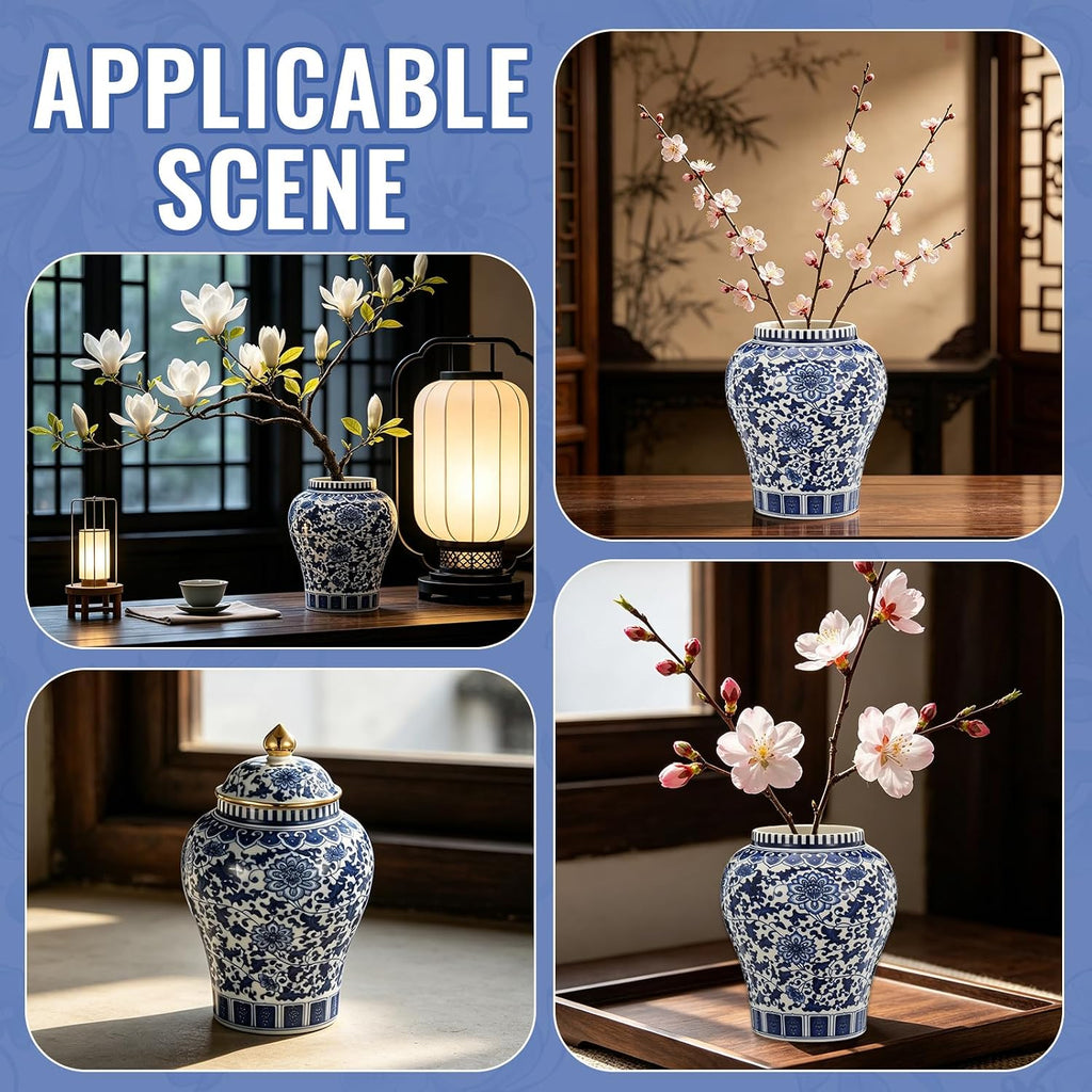 Blue and White Ginger Jar with Gilt Edges, Ceramic Ginger Jar with Lid, Exquisite Floral Patterns Chinoiserie Tea