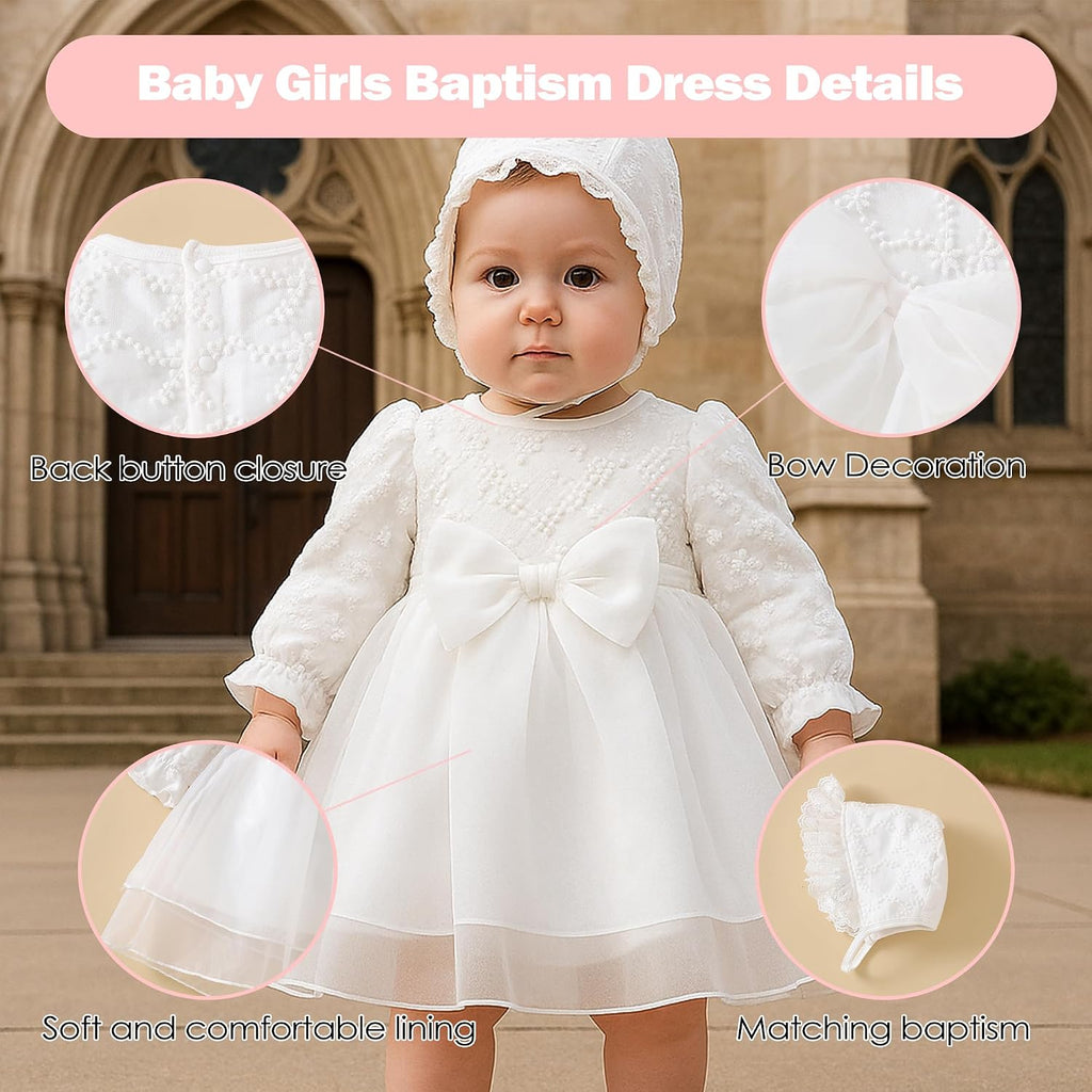 Newborn Baby Girl Christening Dress White Baptism Lace Short Sleeve Fall Wedding Dresses with Bonnet Outfit