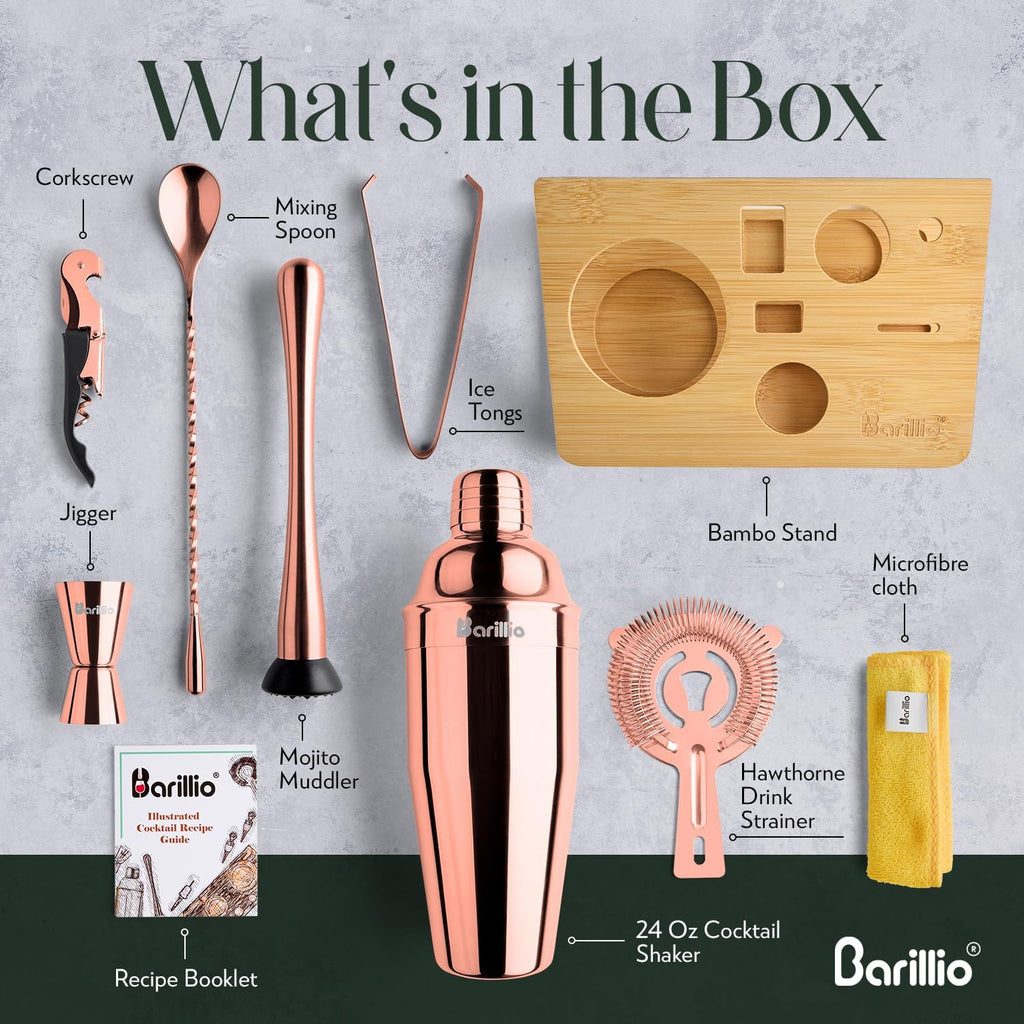 Rose Gold Bartender Kit - Stainless-Steel Cocktail Shaker Set w/Bamboo Stand - Mixology Bar Tools w/Shaker, Drink - Set of 6