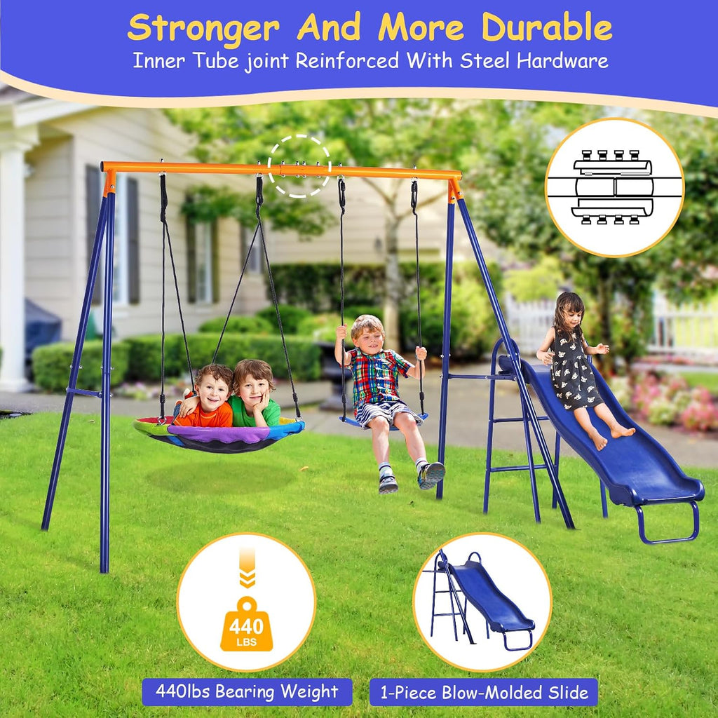 Swing Set for Backyard with Kids Slide 440lbs Heavy-Duty Metal A-Frame 1 Saucer Swing Seat 1 Swings Seat & 1 Slide
