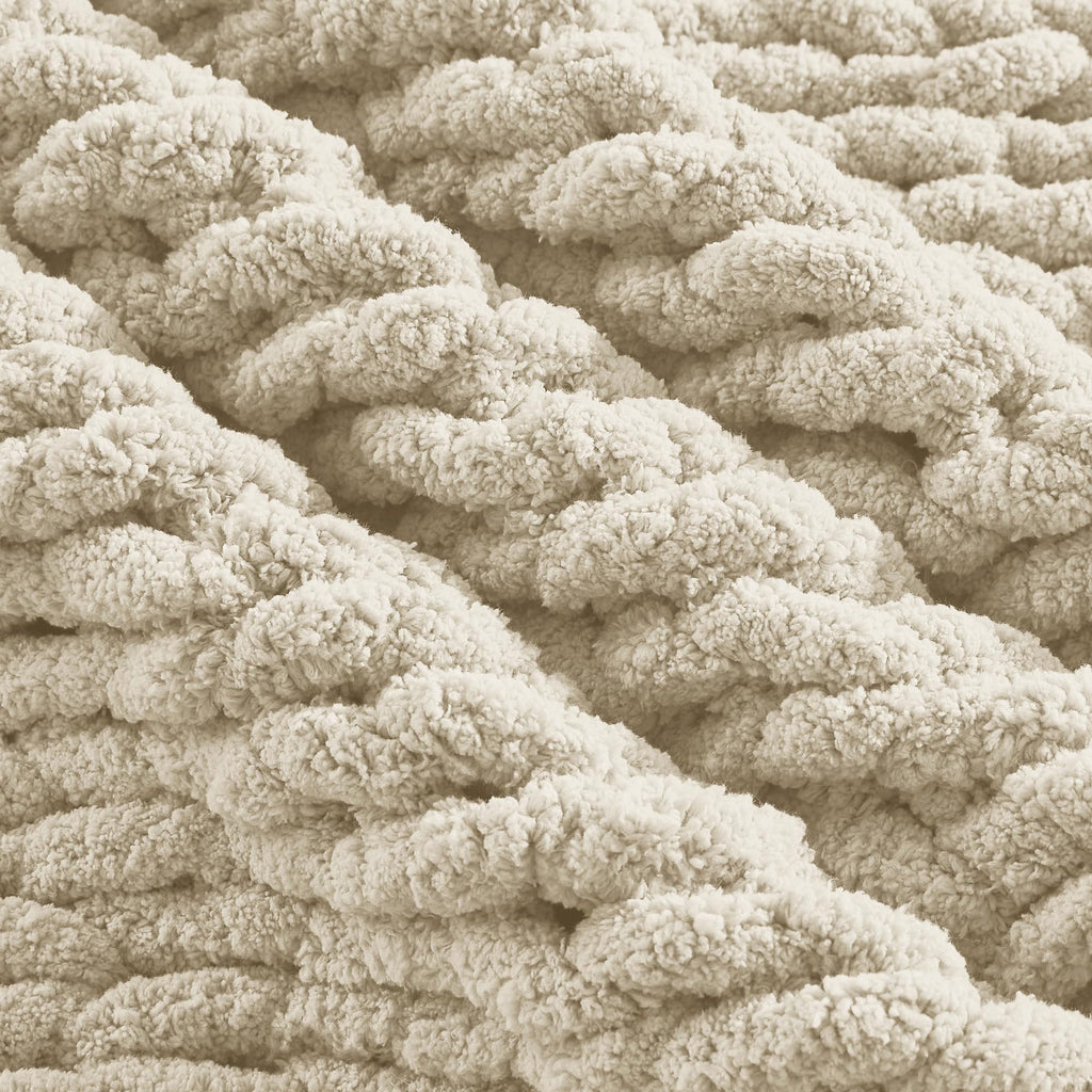 Chunky Knit Throw Blanket 60 x 80, 100% Hand Made, Light Beige