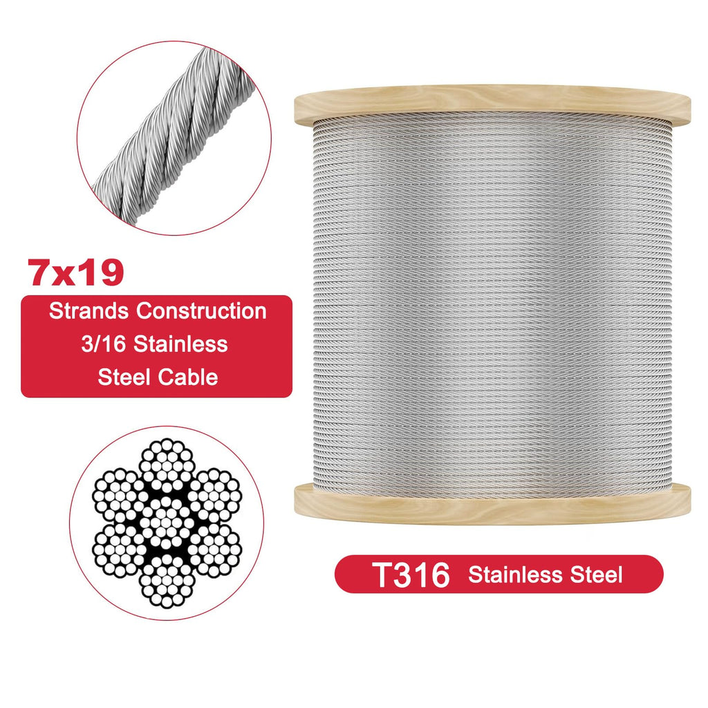 500FT 3/16 Stainless Steel Cable for Deck Railings System 7 x 19 Strand Construction Aircraft Cable for Rail Deck and