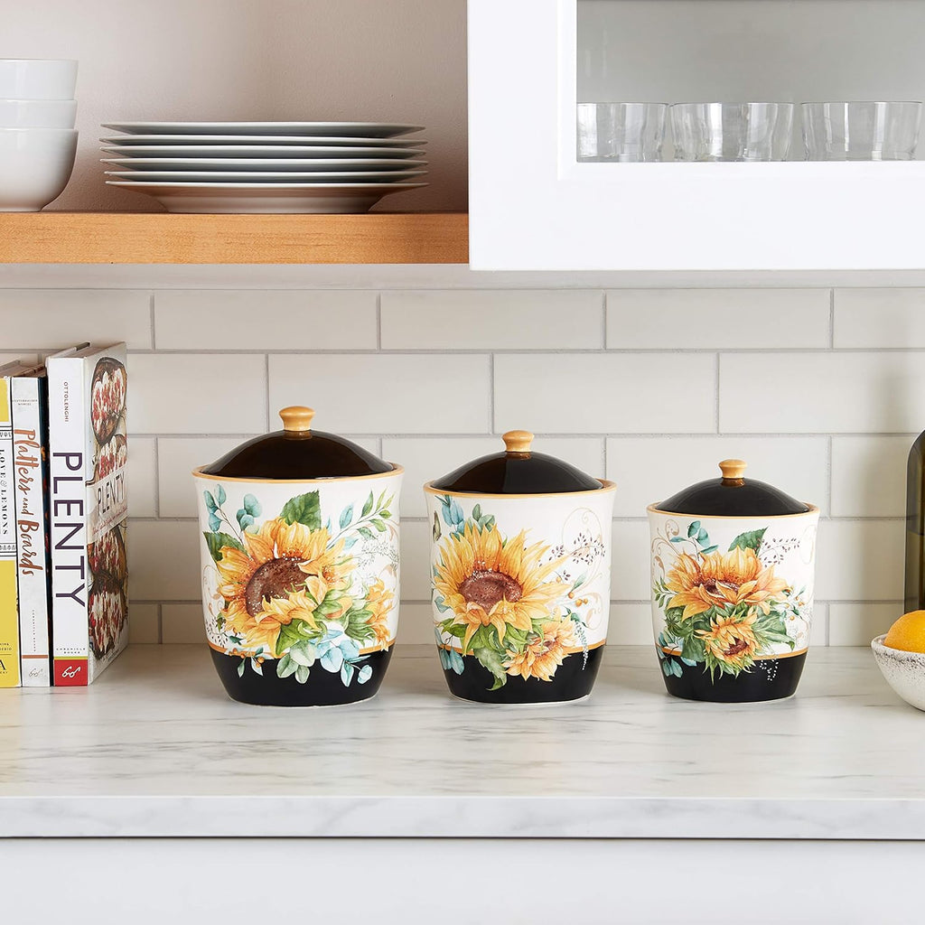 Sunflower Fields 3-Piece Ceramic Canister Set with Airtight Lids - Decorative Floral Storage Jars Counter, Pantry - Set of 3