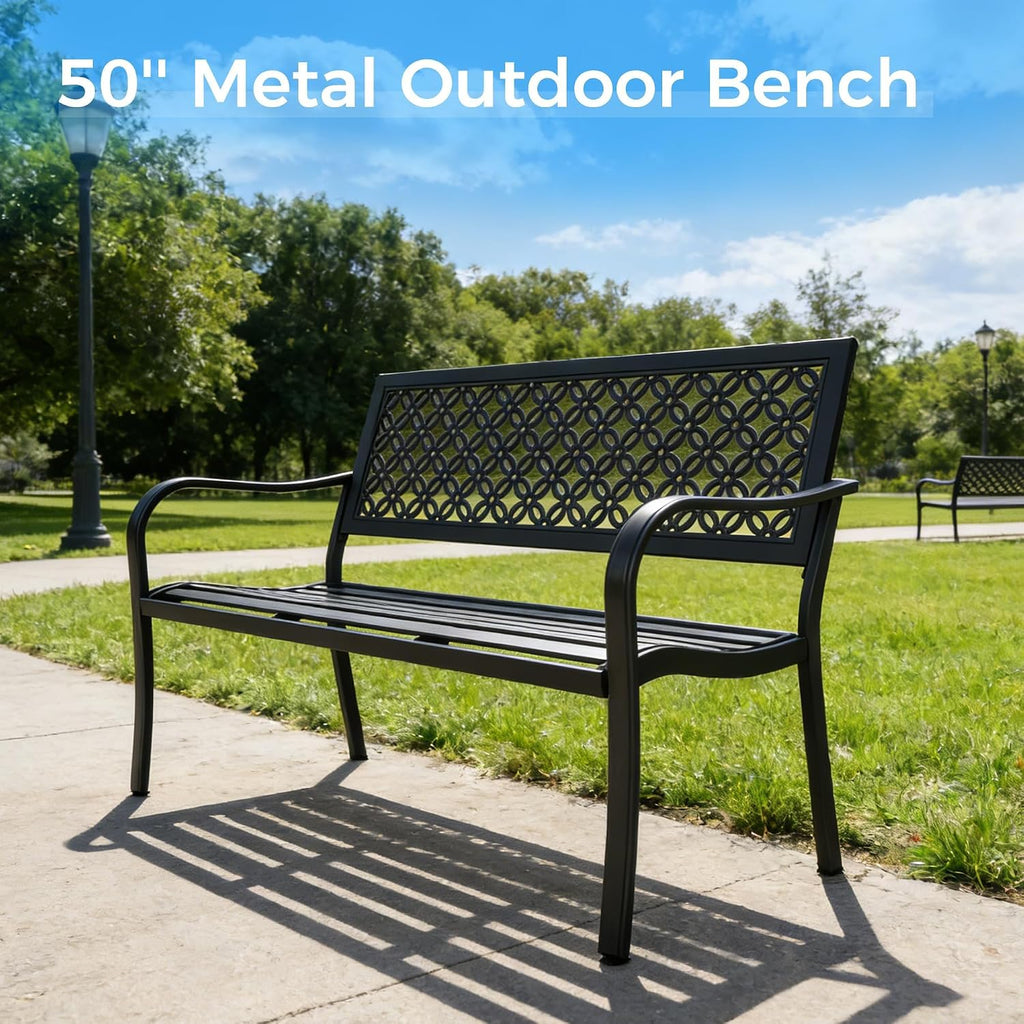 50" Outdoor Bench, Garden Bench with Armrests, Black | Anti-Rust Metal Powder Coated Frame, Patio Bench for Front