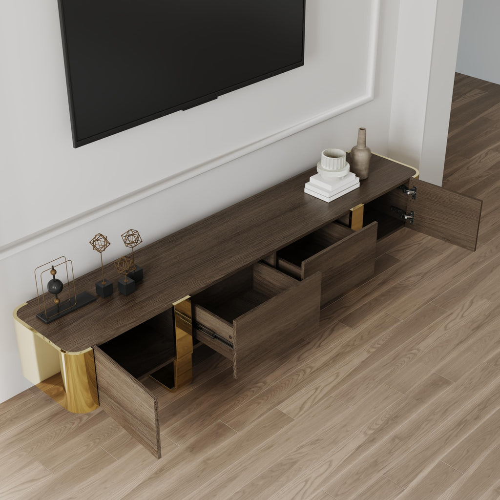 Walnut and Gold TV Stand, 79" TV Entertainment Center with 2 Hidden Storage Drawers and Cabinets, Media Console with