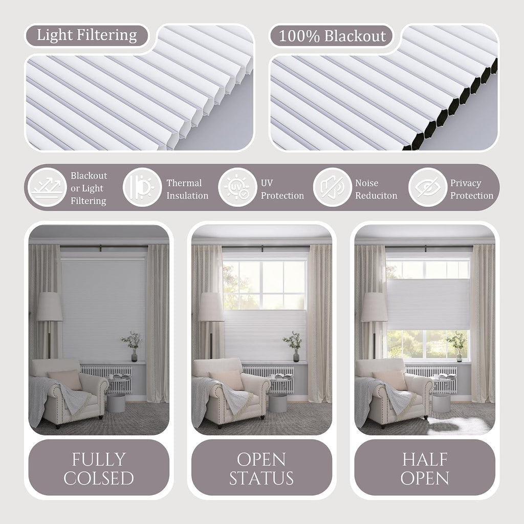 Motorized Top Down Bottom Up Cellular Shades, Smart Electric TDBU Honeycomb Blind with Remote, Blackout or Light