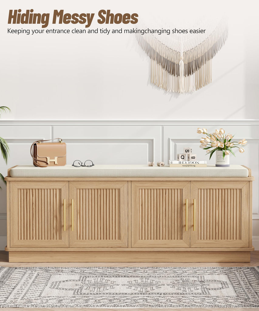 47.2" Fluted Shoe Storage Bench 4 Doors Wooden Entryway Bench Oak