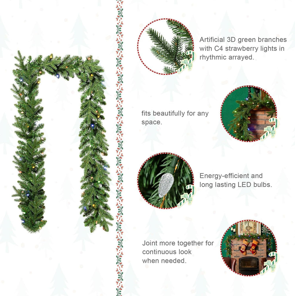 Christmas Garlands with Lights, Set of 2 9ft Pre-Lit Garlands with 50 C4 Strawberry LED Lights and Timer for Mantle