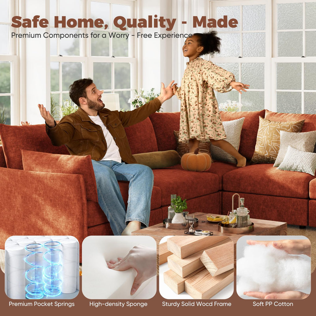 Oversized Modular Sectional Sofa Terracotta Orange, L-Shaped Convertible Couch with Movable Ottoman, Large 6-Seater