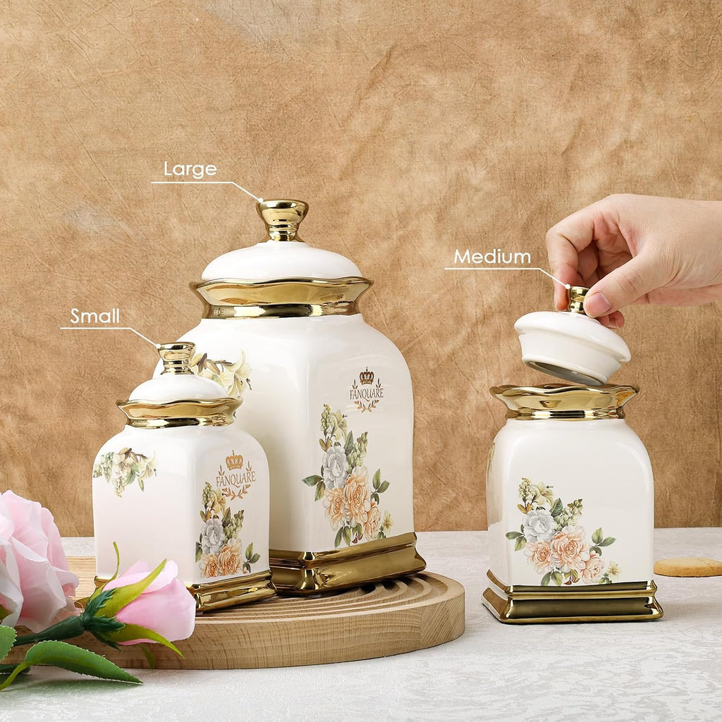 Floral Canisters with Gold Trim, Ceramic Decorative Countertop Jars, Farmhouse Porcelain Cookie Jar and Sugar Bowl - Set of 32