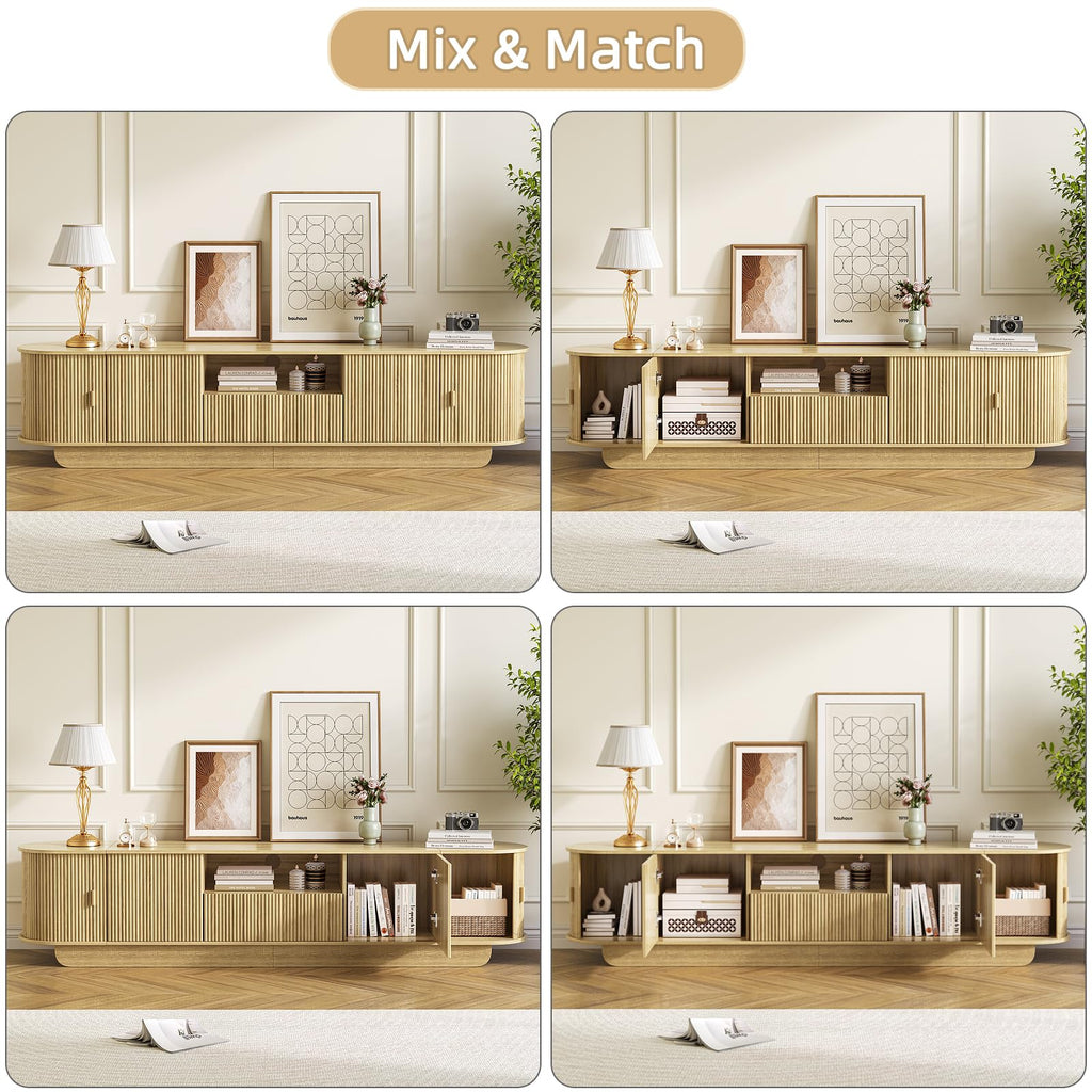 86.6'' Fluted TV Stand for 55-85 Inch, Natural Wood TV Console