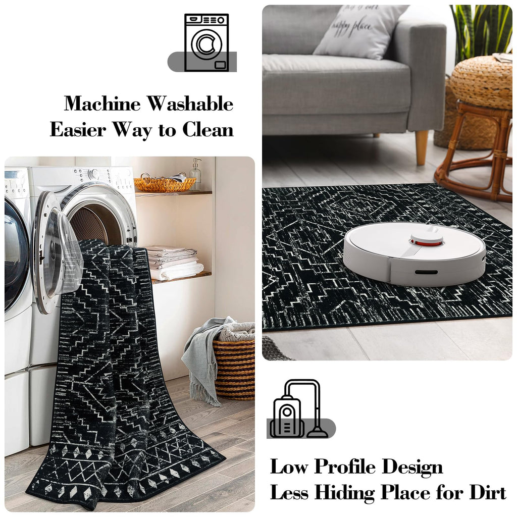 Washable Runner Rugs, Moroccan Non-Slip Black Long Kitchen Runner, Low Pile Boho Soft Carpet Runner for