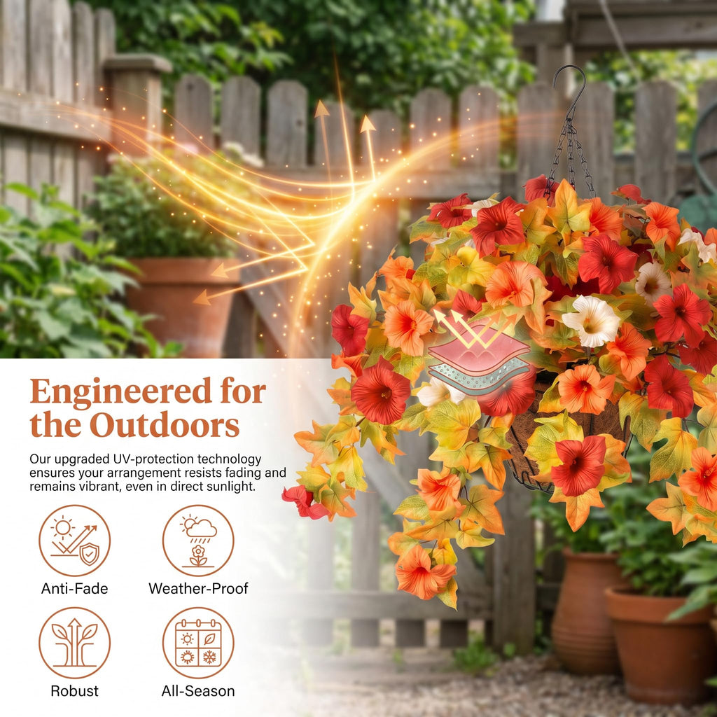 SaijinGlow Fall Hanging Basket UV Resistant Artificial Petunias Orange