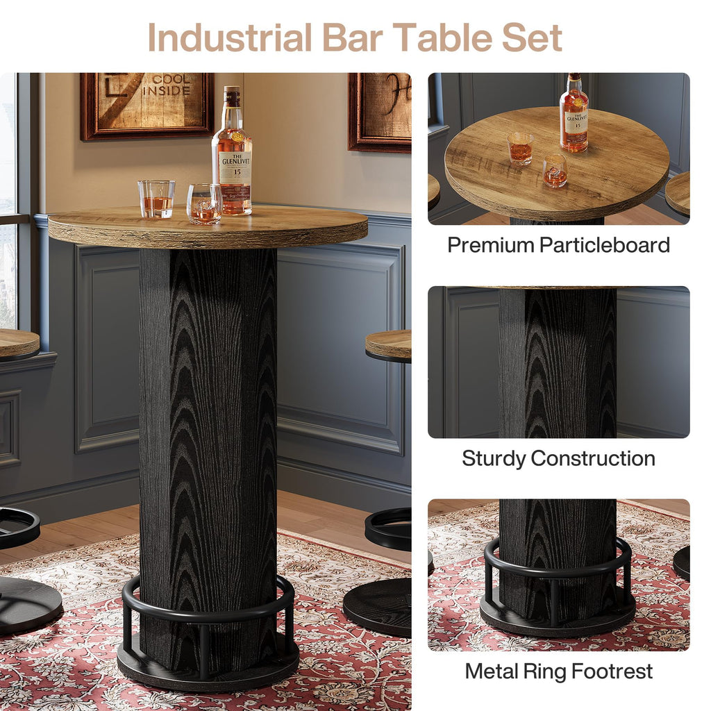 Round Bar Table with Chairs Set of 2, Industrial Bistro Sets with 2 barstools, Pub Cocktail Table with Metal Ring