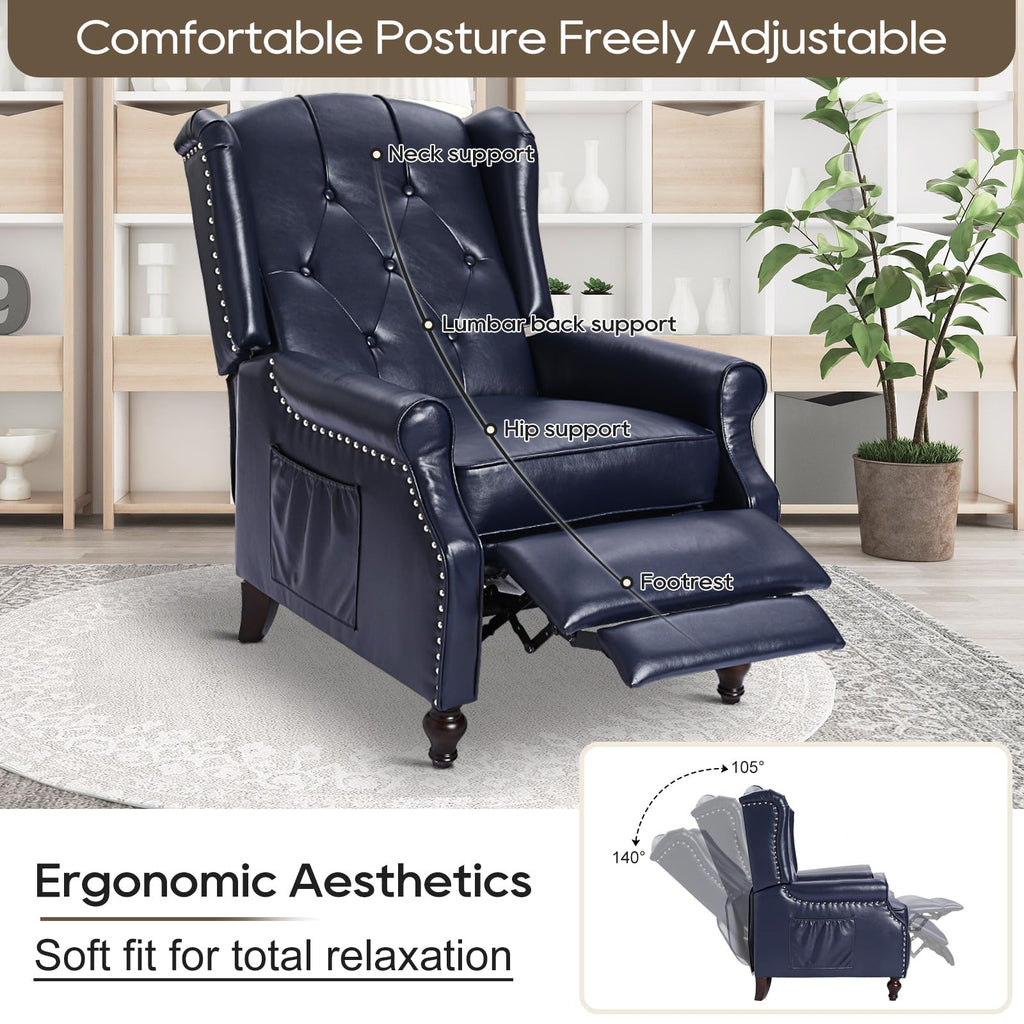 Wingback Recliner Chair, Push Back Arm Chair (1, Navy Blue)