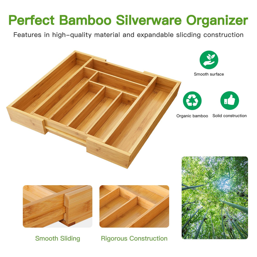 Bamboo Expandable Silverware Drawer Organizer, Natural, Medium