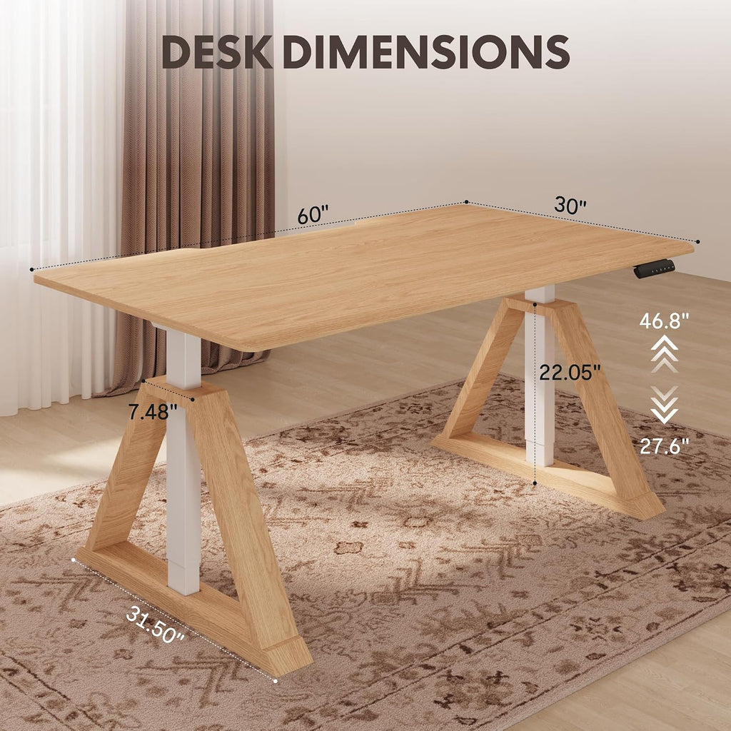 60 x 30 Inch Oak Executive Standing Desk, Natural | Japandi-Inspired Sit-Stand Desk, Architectural V-Frame Design